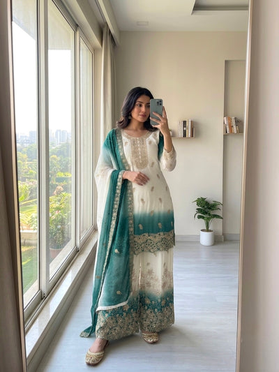 Off-White and Teal Stone Work Georgette Kurta Set