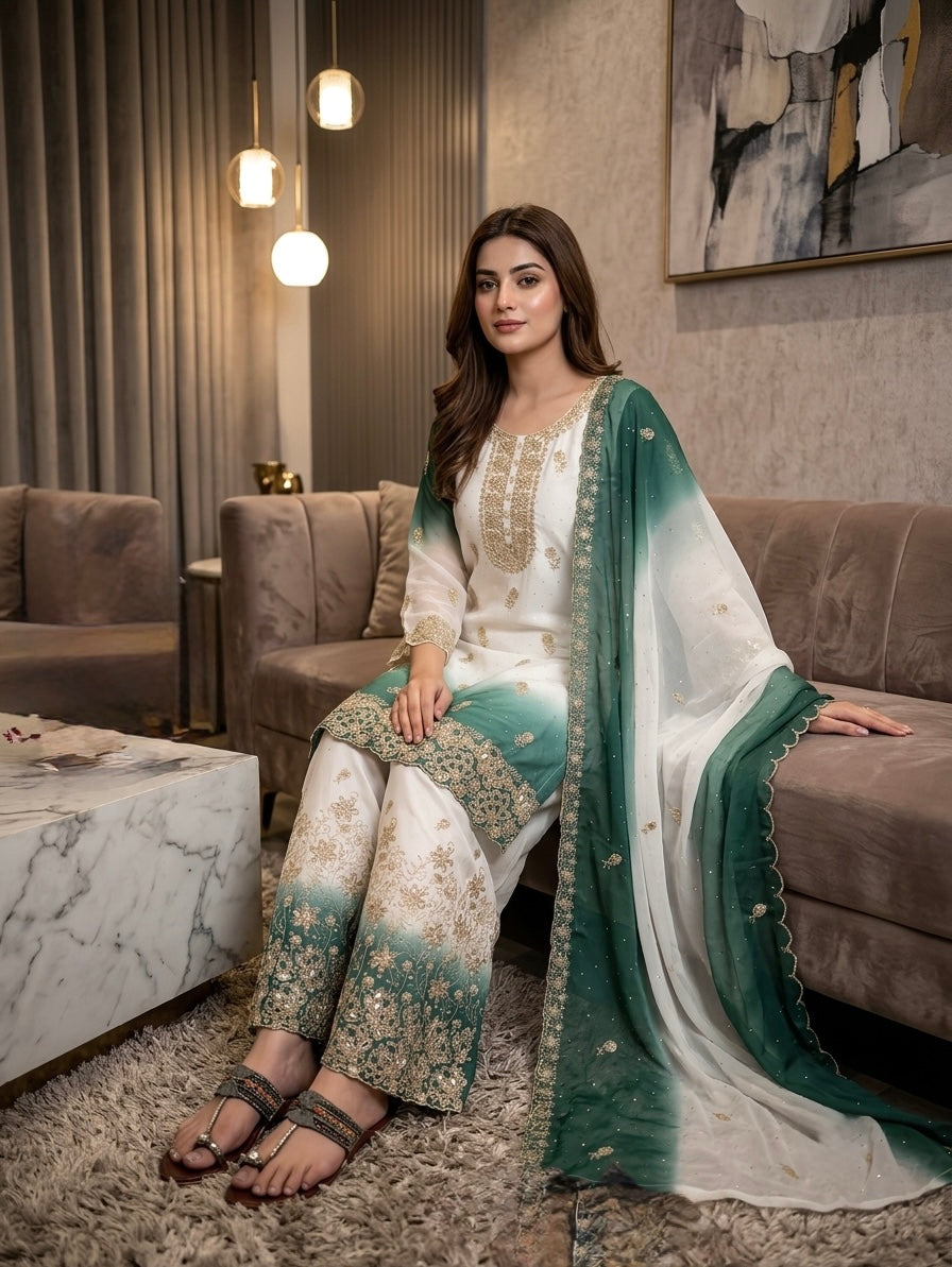 Off-White and Teal Stone Work Georgette Kurta Set, view 2