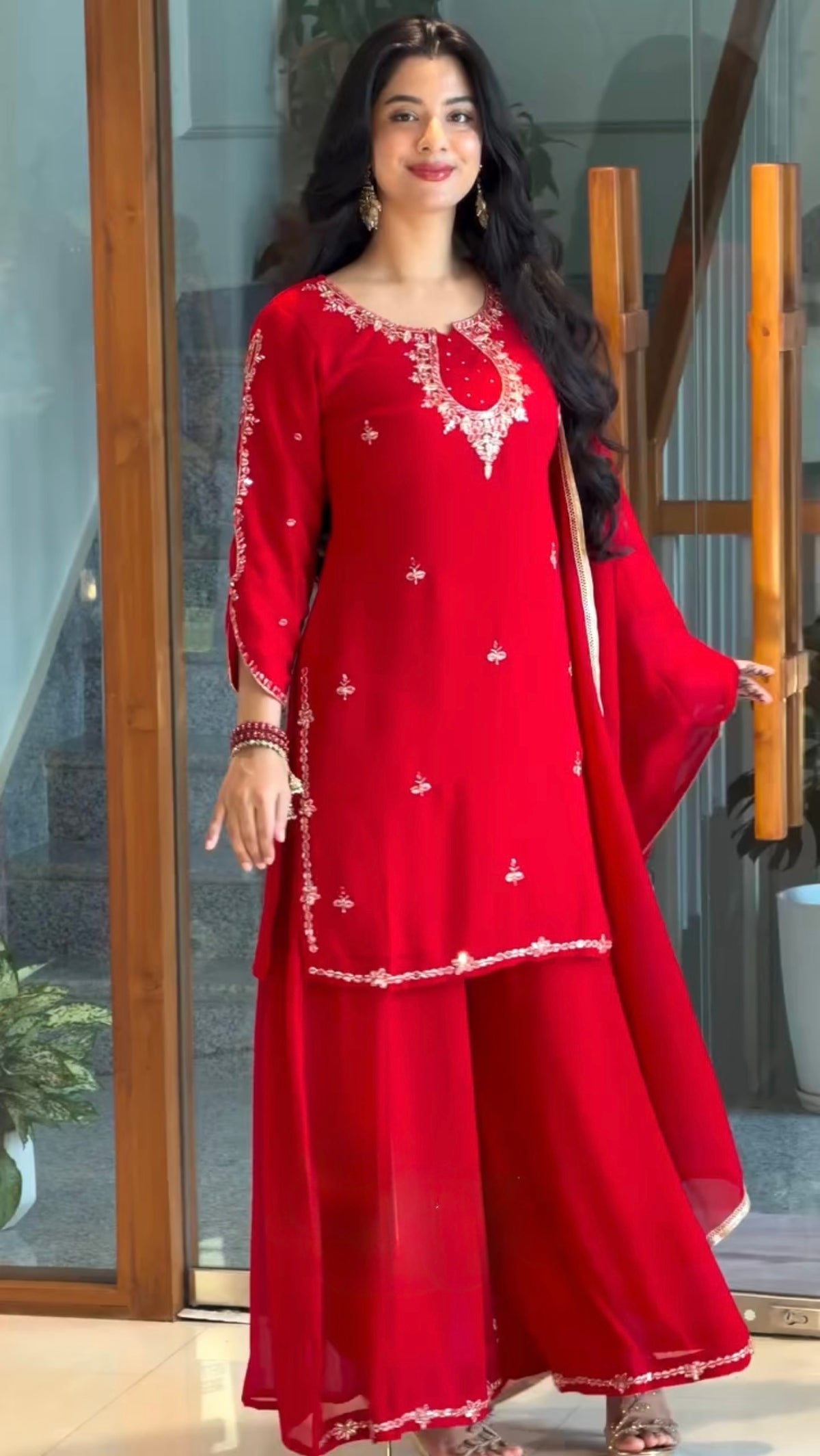 Red Georgette Kurta Palazzo Set with Stone Work