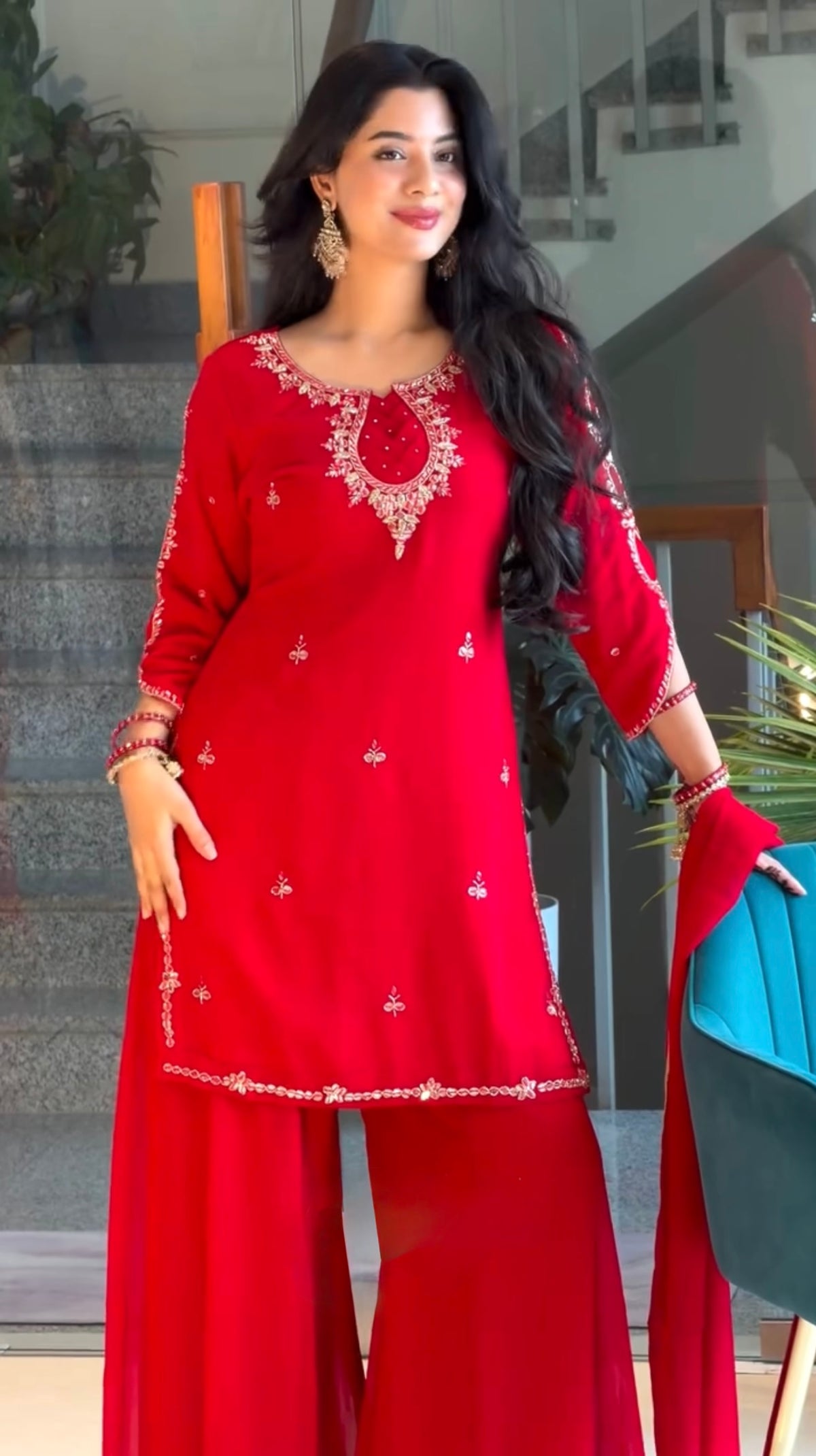 Red Georgette Kurta Palazzo Set with Stone Work, view 2