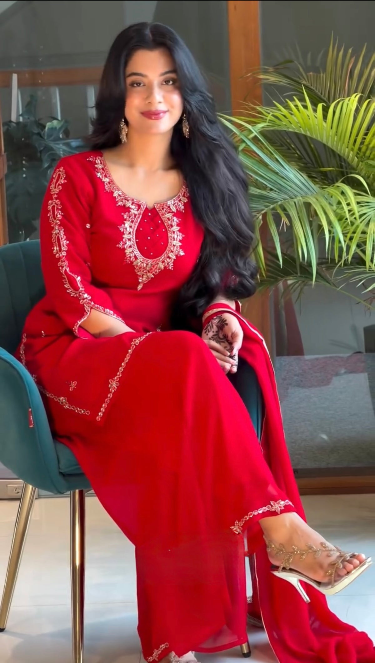 Red Georgette Kurta Palazzo Set with Stone Work, view 3