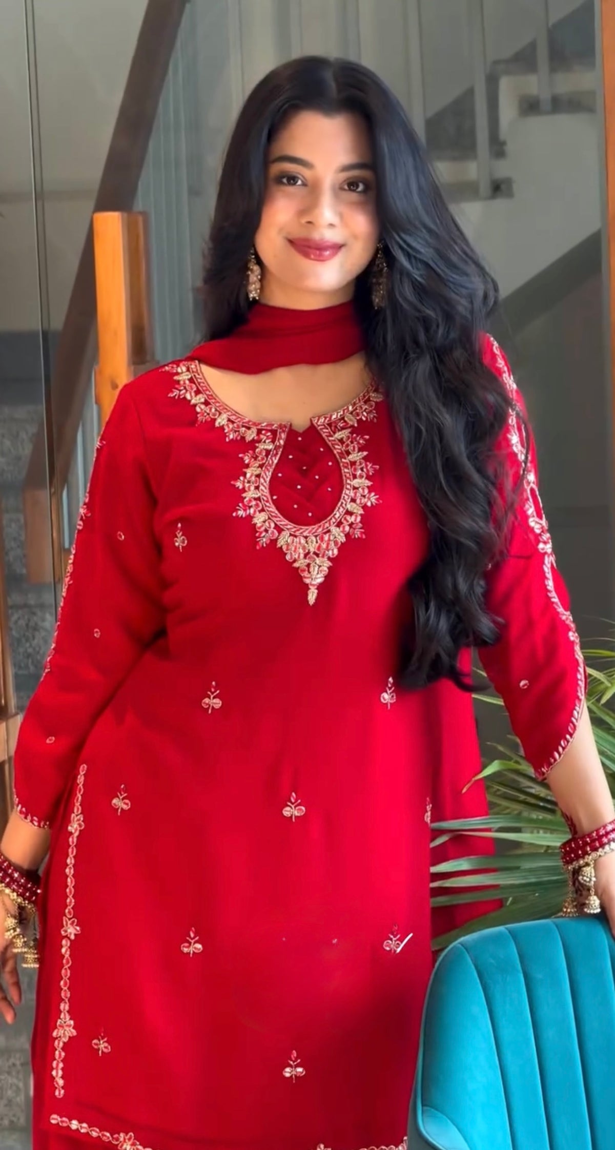Red Georgette Kurta Palazzo Set with Stone Work, view 4