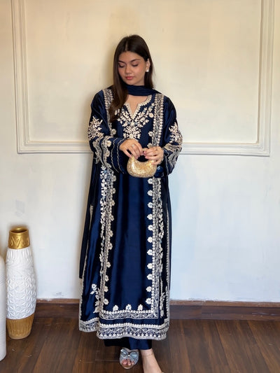 Navy Blue Satin Kaftan Kurta Set
