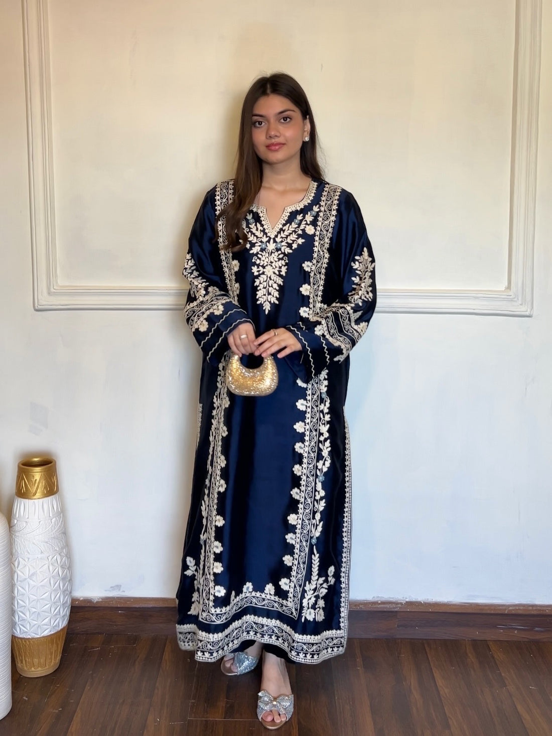 Navy Blue Satin Kaftan Kurta Set