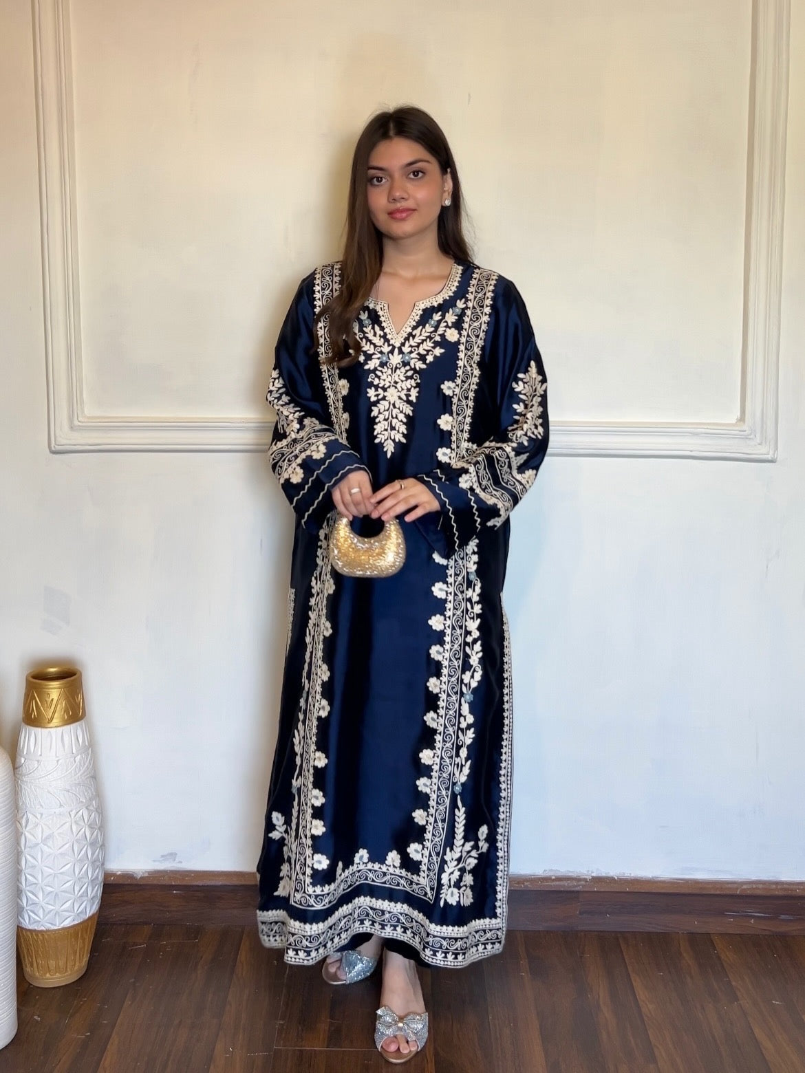 Navy Blue Satin Kaftan Kurta Set, view 2