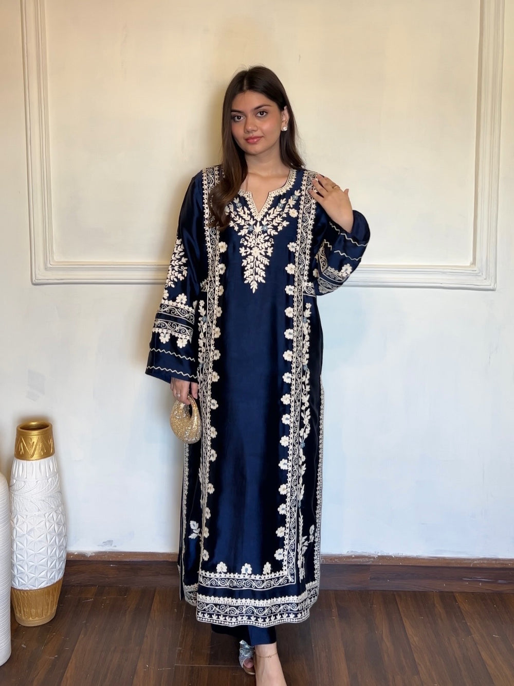 Navy Blue Satin Kaftan Kurta Set, view 3