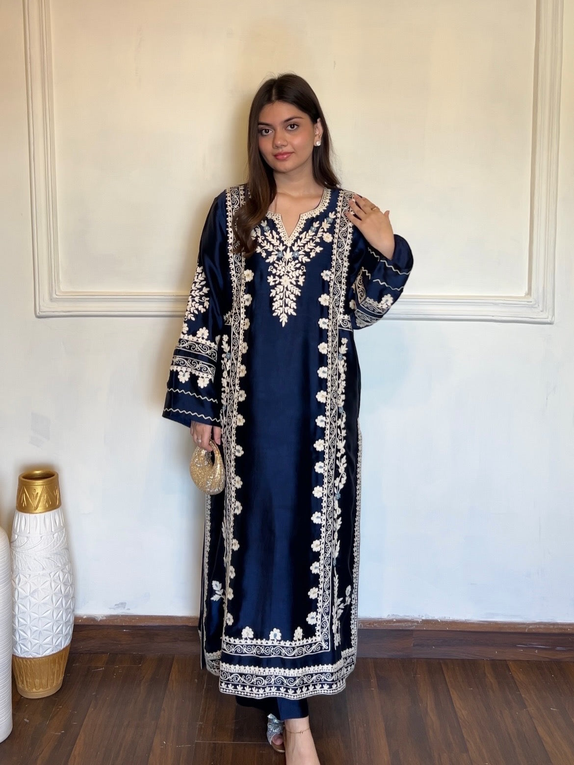 Navy Blue Satin Kaftan Kurta Set, view 3
