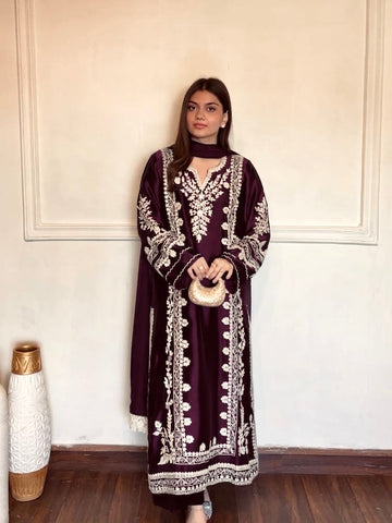 Wine Satin Kaftan Kurta Set