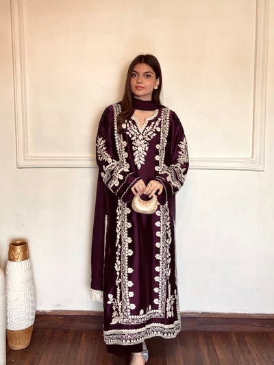 Wine Satin Kaftan Kurta Set