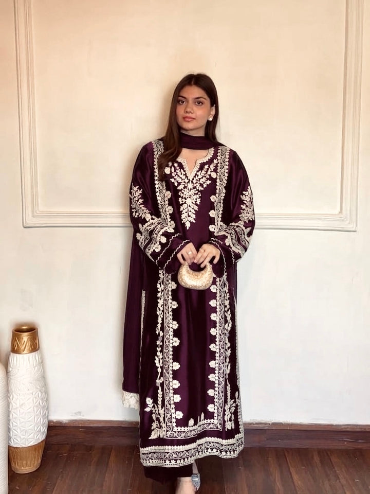 Wine Satin Kaftan Kurta Set