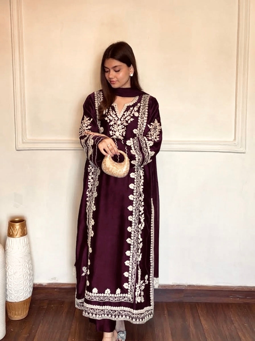 Wine Satin Kaftan Kurta Set, view 2