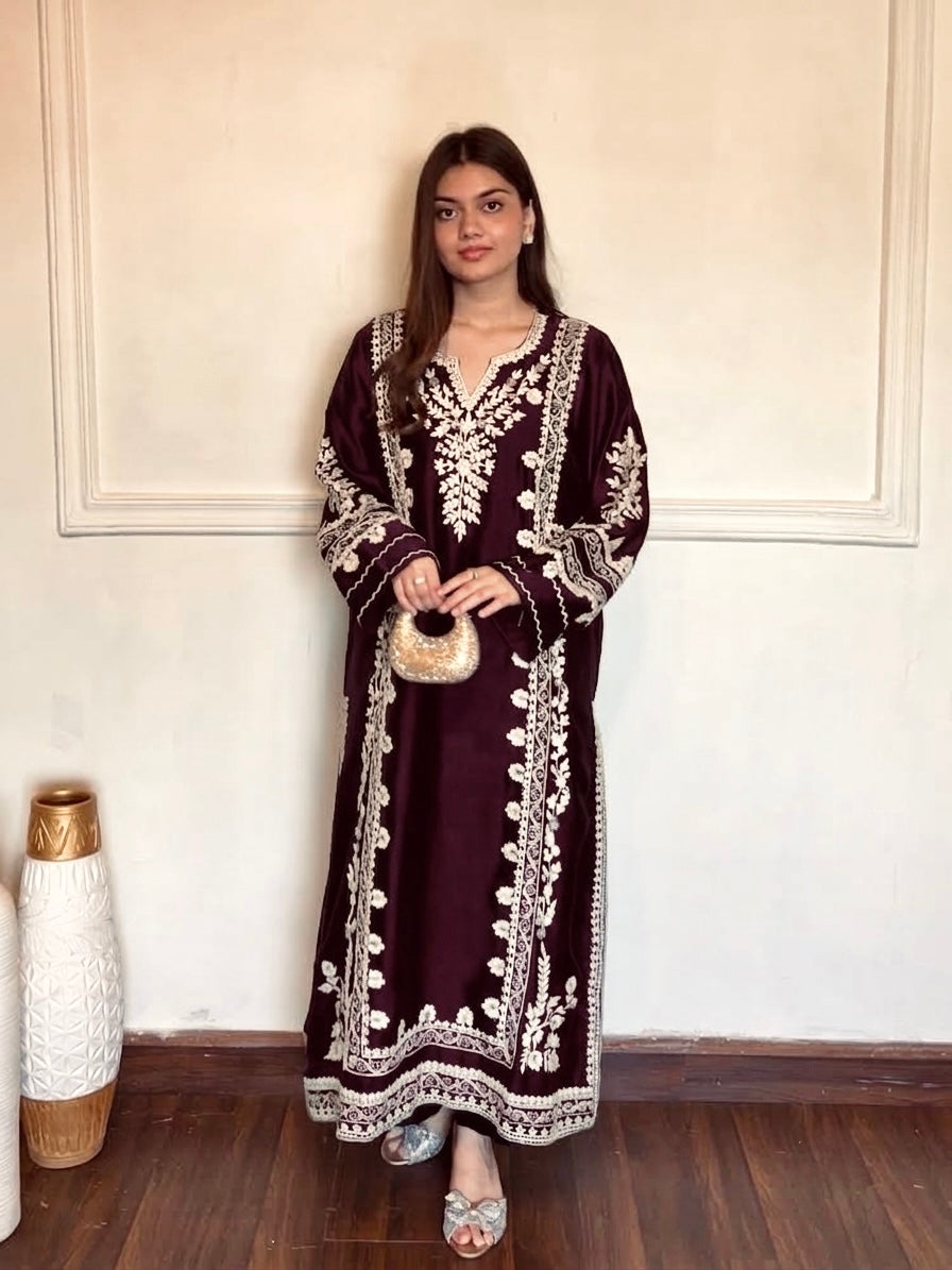 Wine Satin Kaftan Kurta Set, view 3