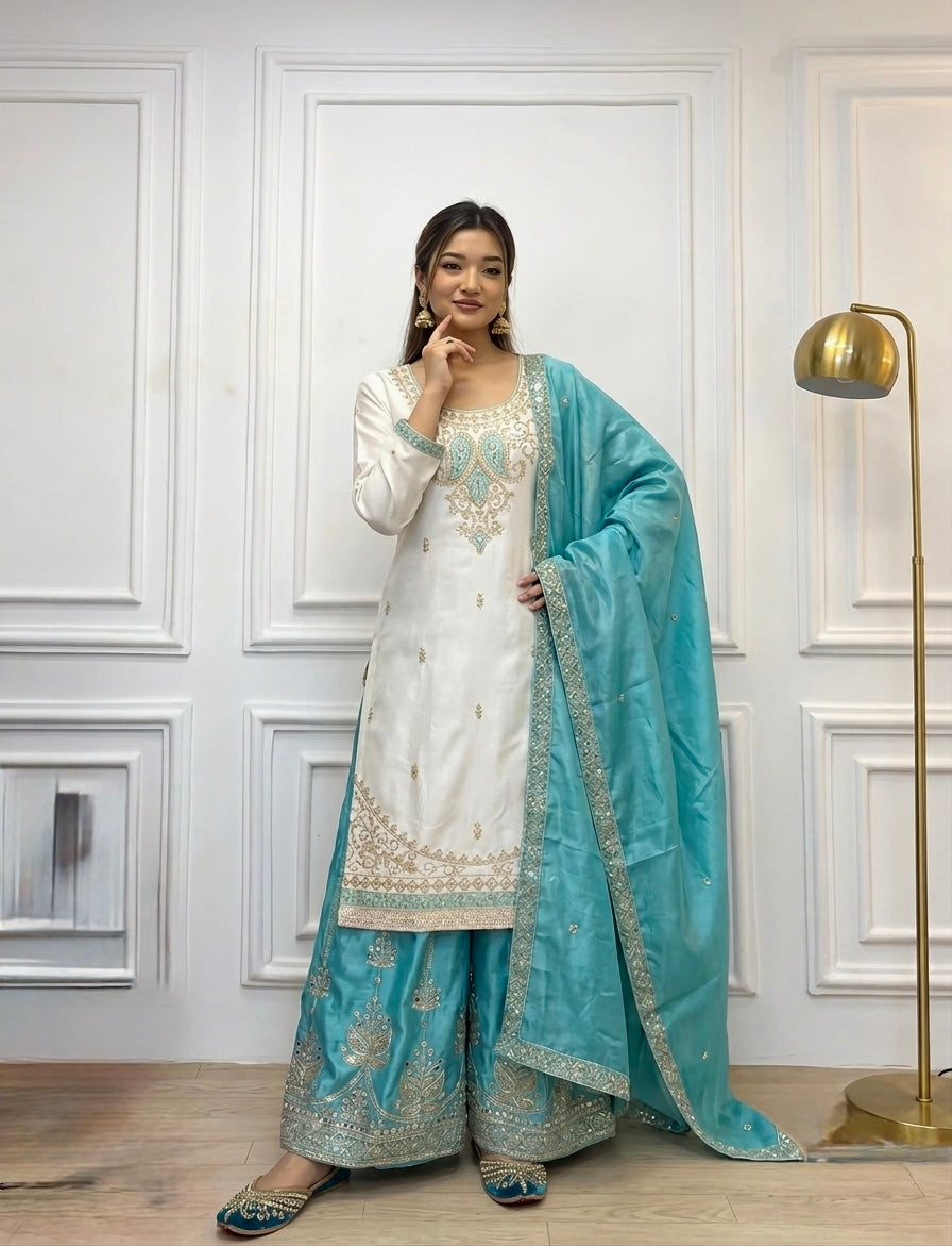 Off-White and Sky Blue Chinon Silk Kurta Palazzo Set with Mirror Work