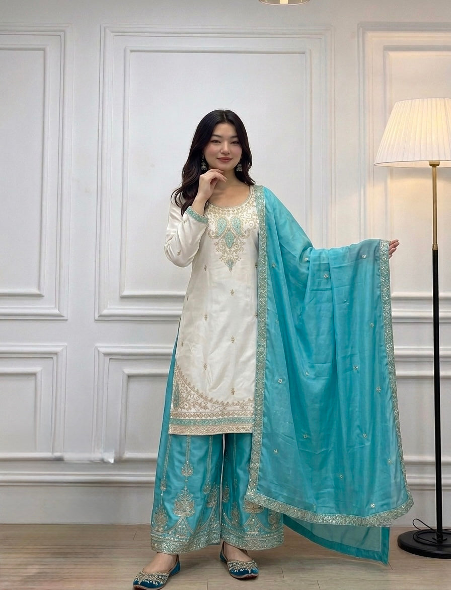 Off-White and Sky Blue Chinon Silk Kurta Palazzo Set with Mirror Work