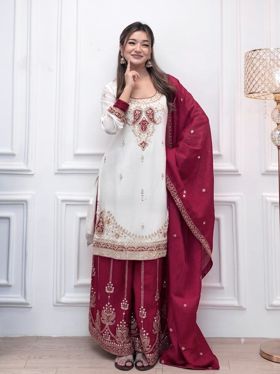 Off-White and Red Chinon Silk Kurta Palazzo Set with Mirror Work