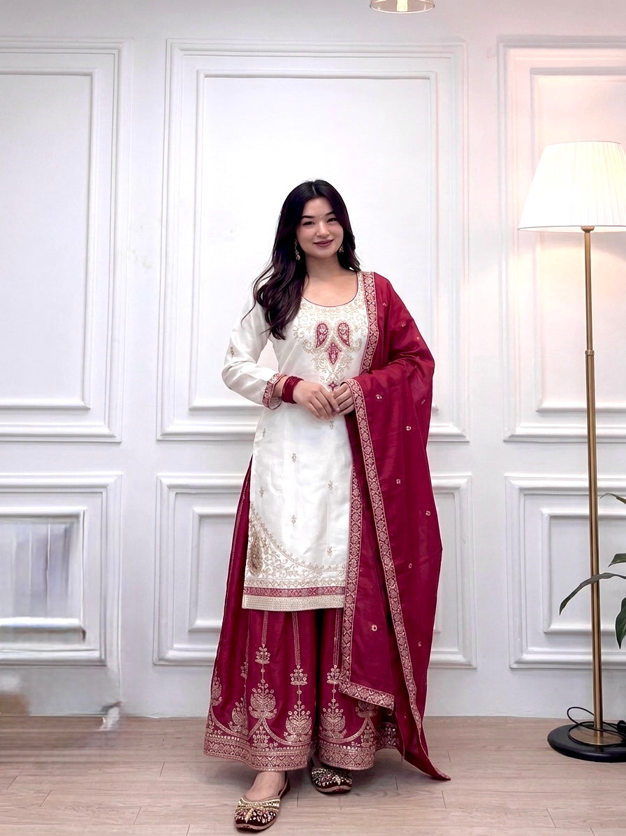 Off-White and Red Chinon Silk Kurta Palazzo Set with Mirror Work