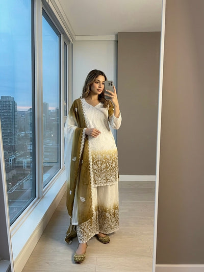 Off-White and Mustard Cutwork Georgette Kurta Palazzo Set