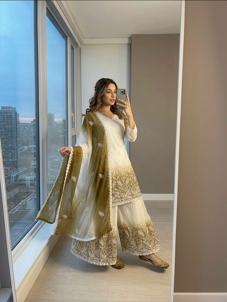 Off-White and Mustard Cutwork Georgette Kurta Palazzo Set, view 2