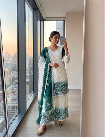 Off-White and Teal Cutwork Georgette Kurta Palazzo Set