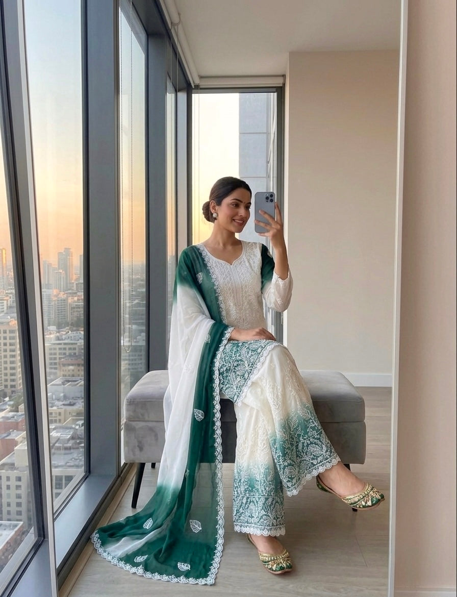 Off-White and Teal Cutwork Georgette Kurta Palazzo Set