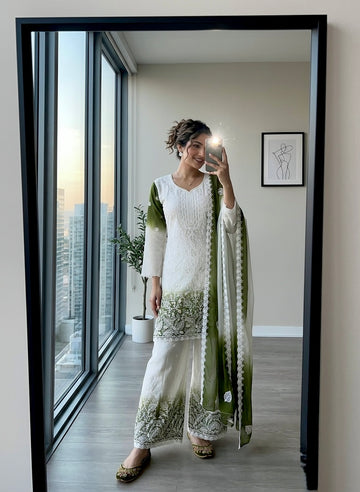 Off-White and Olive Green Cutwork Georgette Kurta Palazzo Set