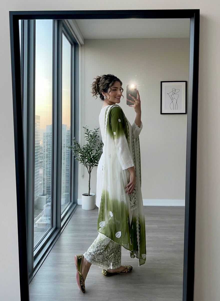 Off-White and Olive Green Cutwork Georgette Kurta Palazzo Set