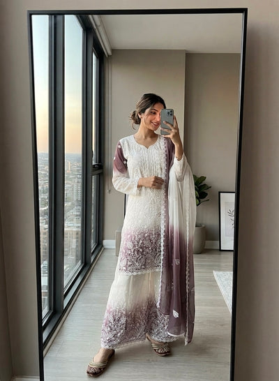Off-White and Grey Cutwork Georgette Kurta Palazzo Set