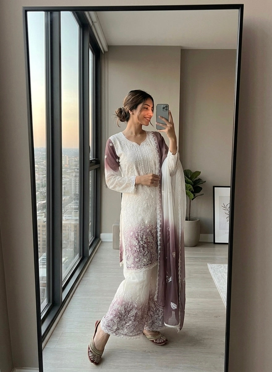 Off-White and Grey Cutwork Georgette Kurta Palazzo Set, view 2