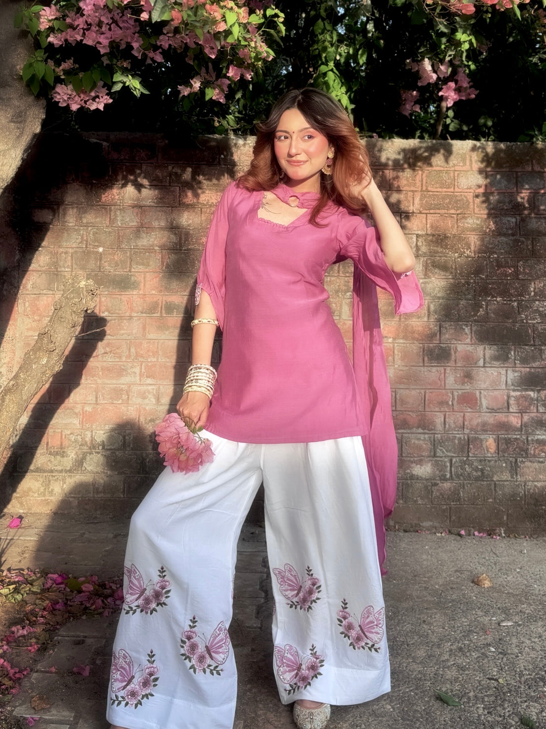 Pink Roman Silk Top Palazzo Set