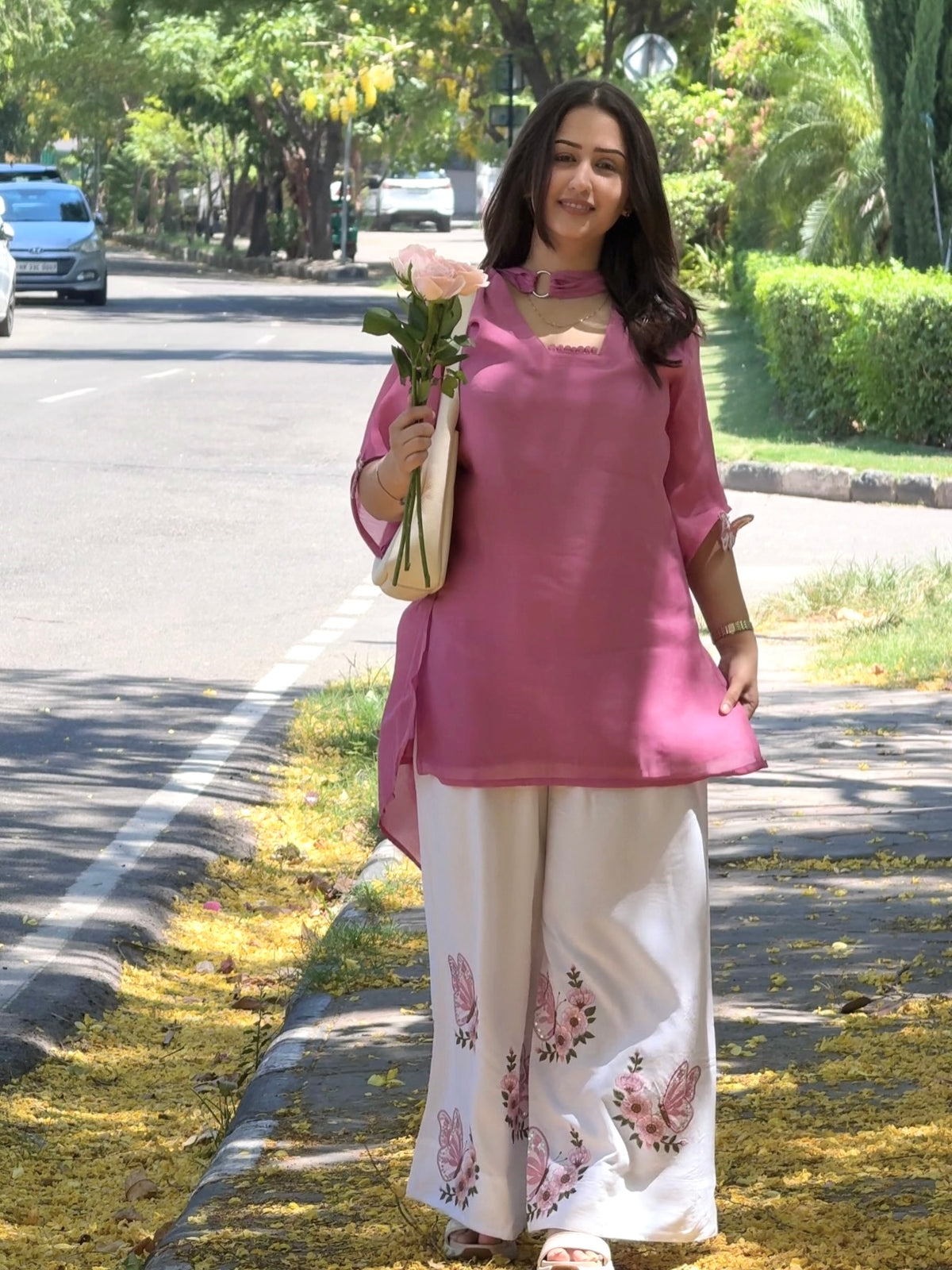 Pink Roman Silk Top Palazzo Set, view 4