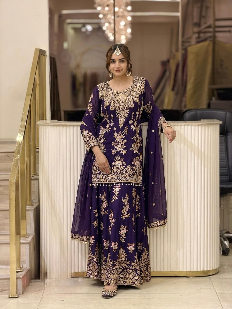 Purple Georgette Heavy Work Kurta Palazzo Set, view 2