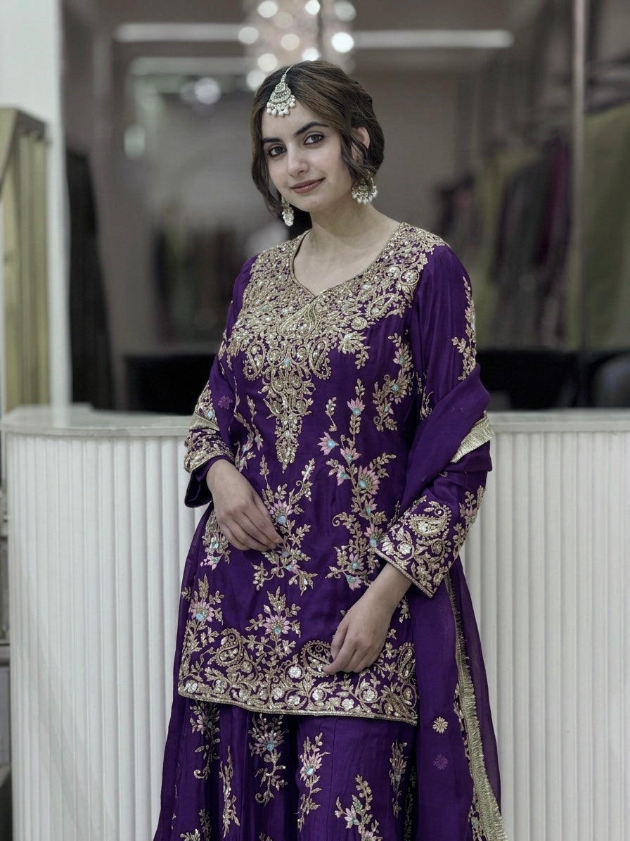 Purple Georgette Heavy Work Kurta Palazzo Set