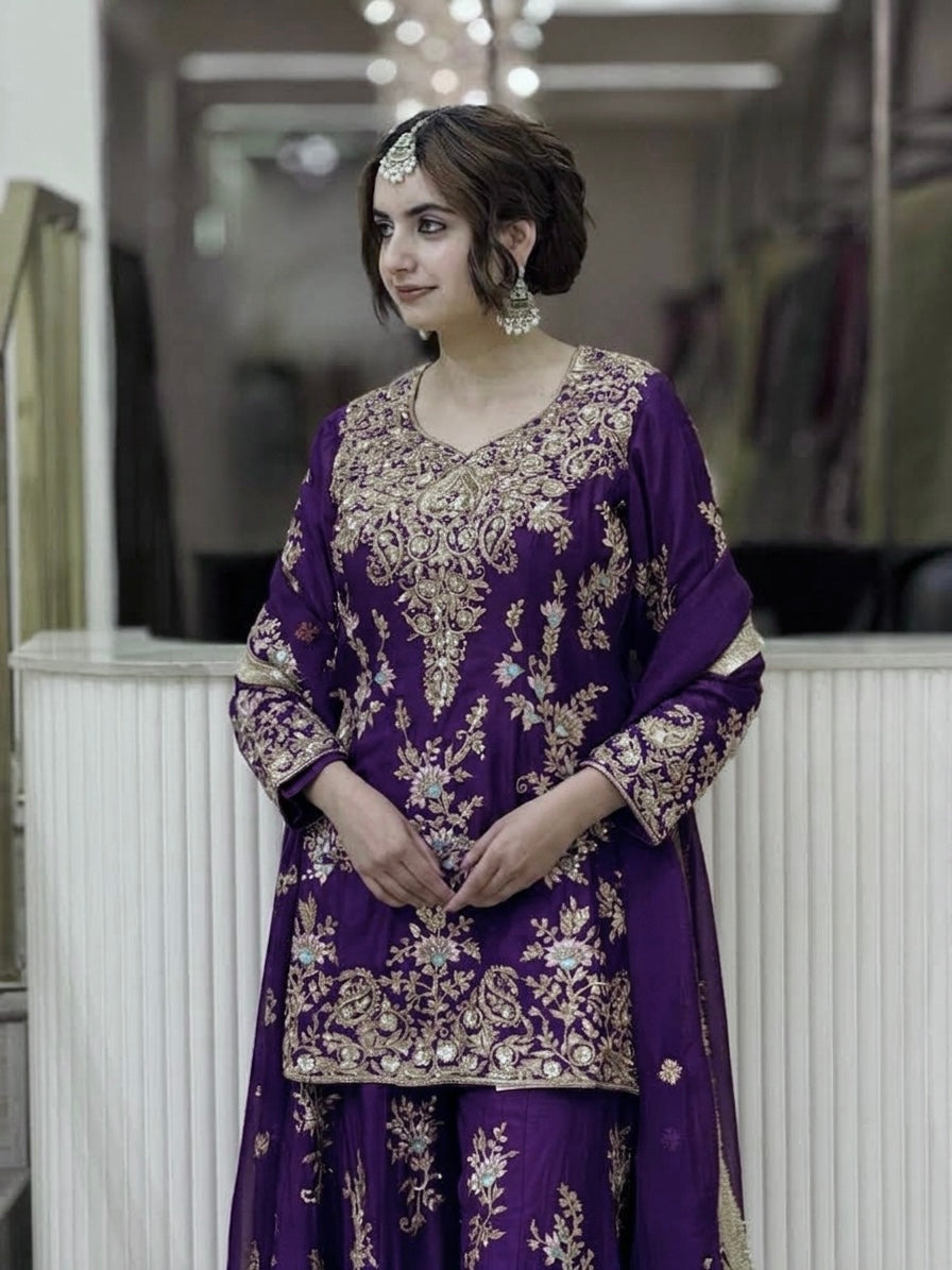 Purple Georgette Heavy Work Kurta Palazzo Set, view 3