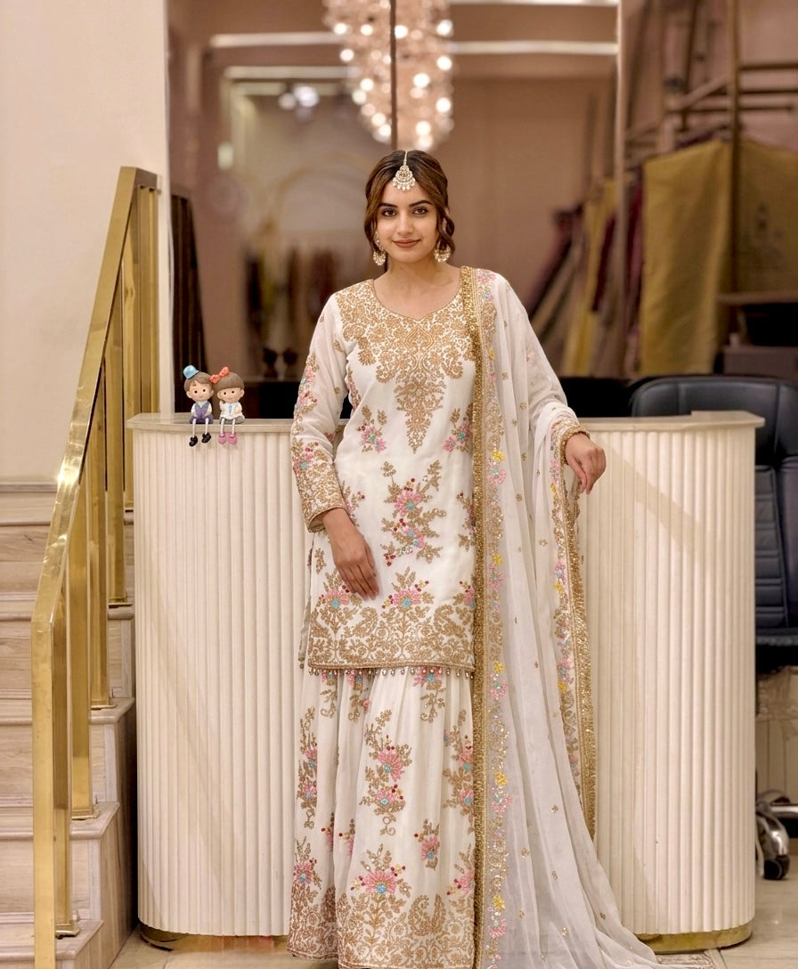 Ivory Georgette Heavy Work Kurta Palazzo Set