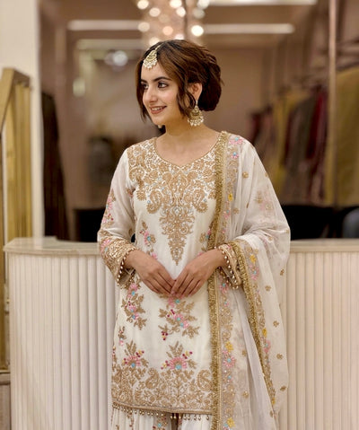 Ivory Georgette Heavy Work Kurta Palazzo Set