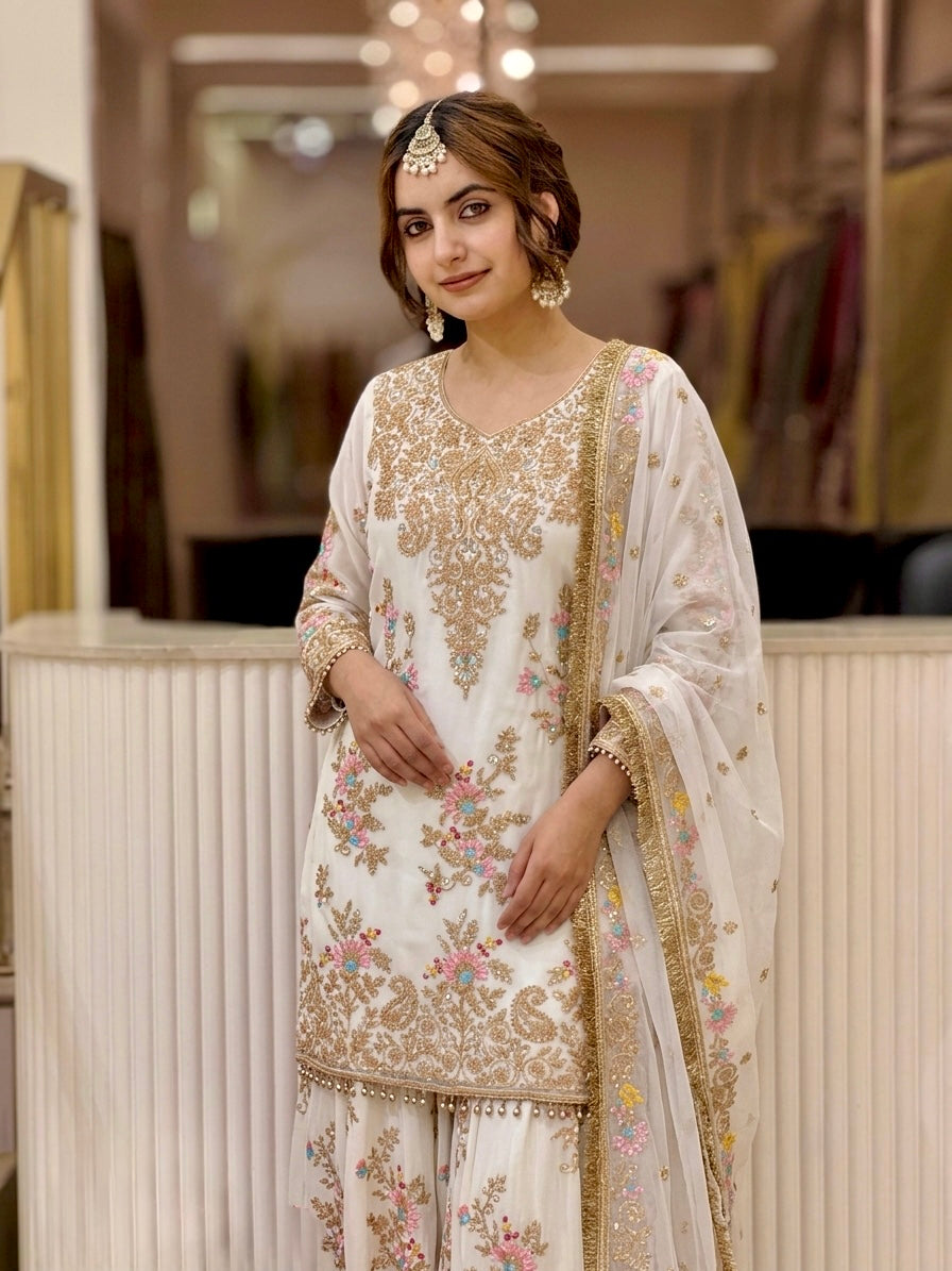 Ivory Georgette Heavy Work Kurta Palazzo Set, view 3