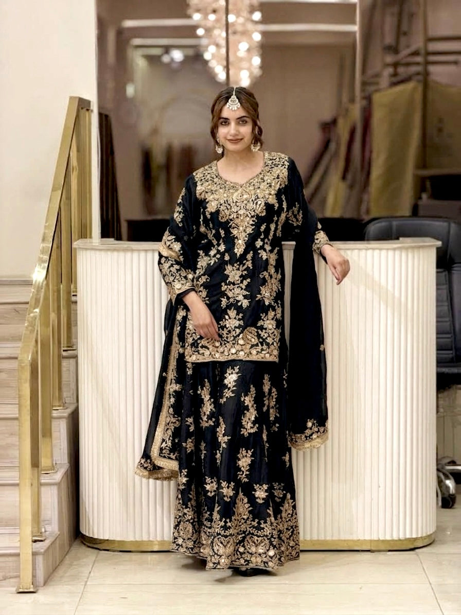 Black Georgette Heavy Work Kurta Palazzo Set