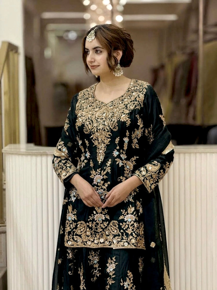 Black Georgette Heavy Work Kurta Palazzo Set