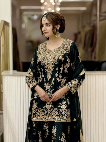 Black Georgette Heavy Work Kurta Palazzo Set