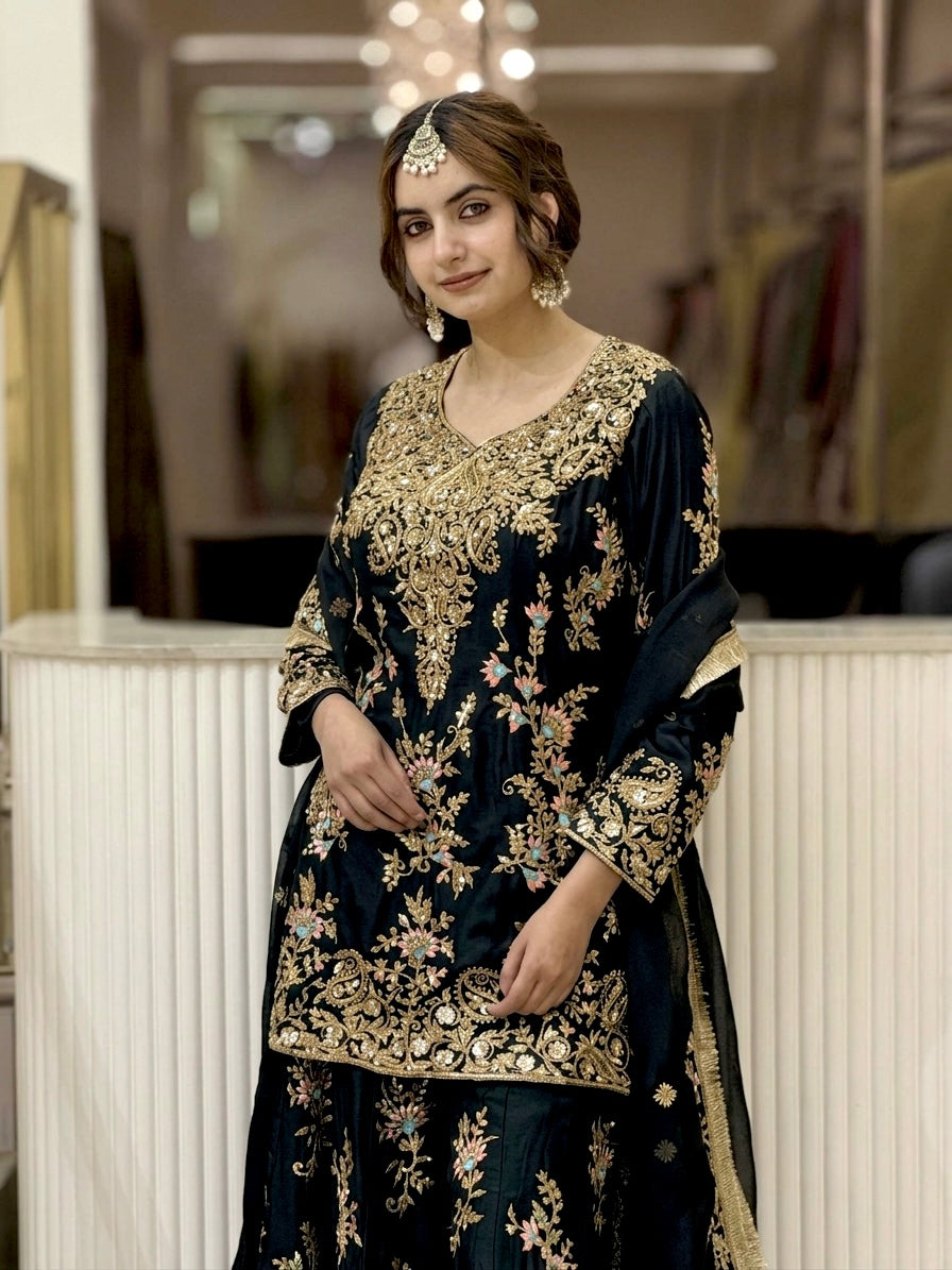Black Georgette Heavy Work Kurta Palazzo Set, view 3