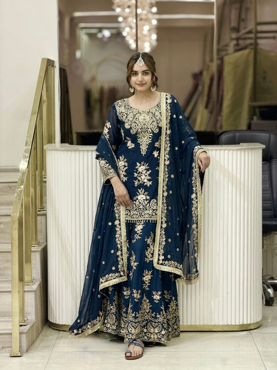 Teal Blue Georgette Heavy Work Kurta Palazzo Set, view 2