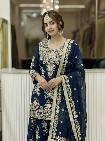 Teal Blue Georgette Heavy Work Kurta Palazzo Set