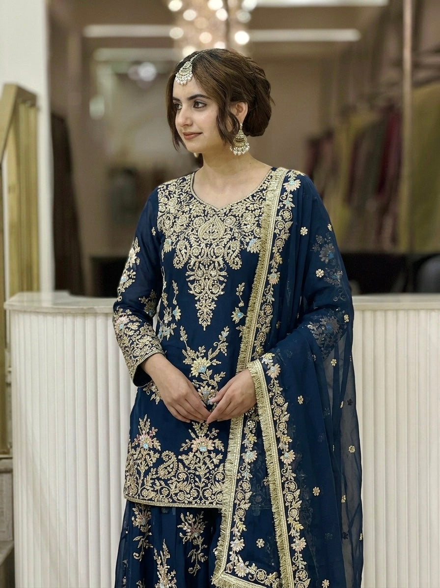 Teal Blue Georgette Heavy Work Kurta Palazzo Set, view 3
