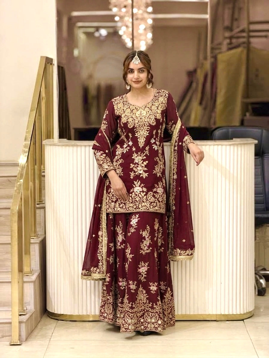 Maroon Georgette Heavy Work Kurta Palazzo Set, view 2