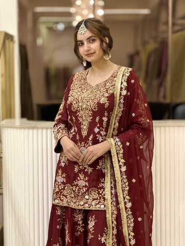 Maroon Georgette Heavy Work Kurta Palazzo Set