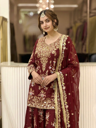 Maroon Georgette Heavy Work Kurta Palazzo Set