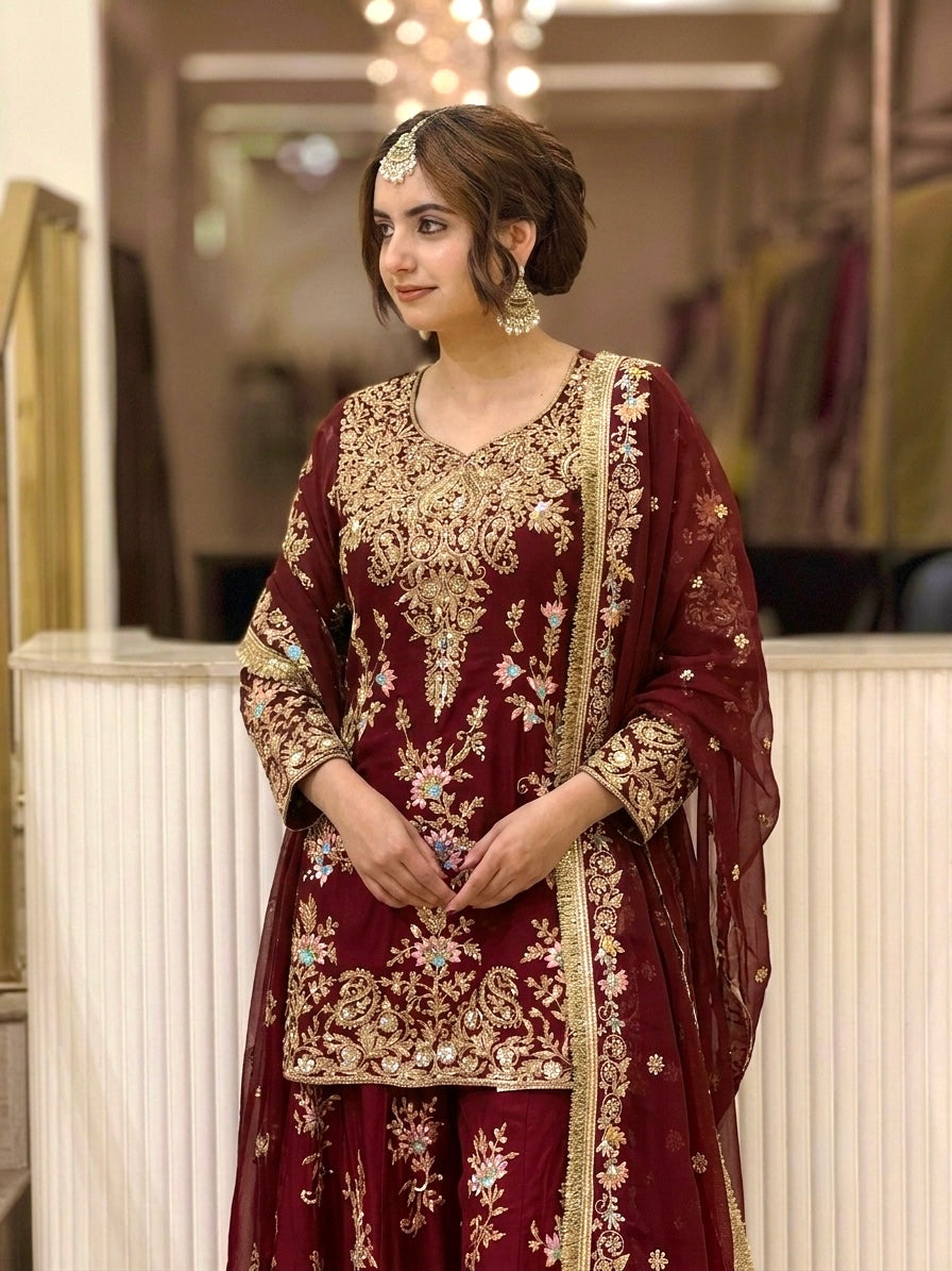 Maroon Georgette Heavy Work Kurta Palazzo Set, view 3