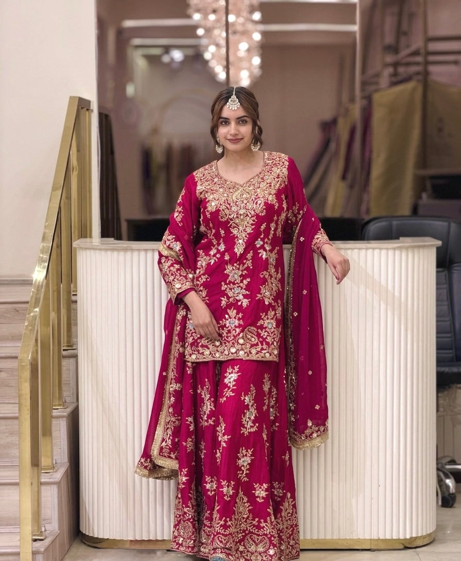 Rani Pink Georgette Heavy Work Kurta Palazzo Set, view 2