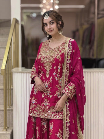 Rani Pink Georgette Heavy Work Kurta Palazzo Set