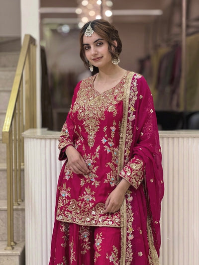 Rani Pink Georgette Heavy Work Kurta Palazzo Set